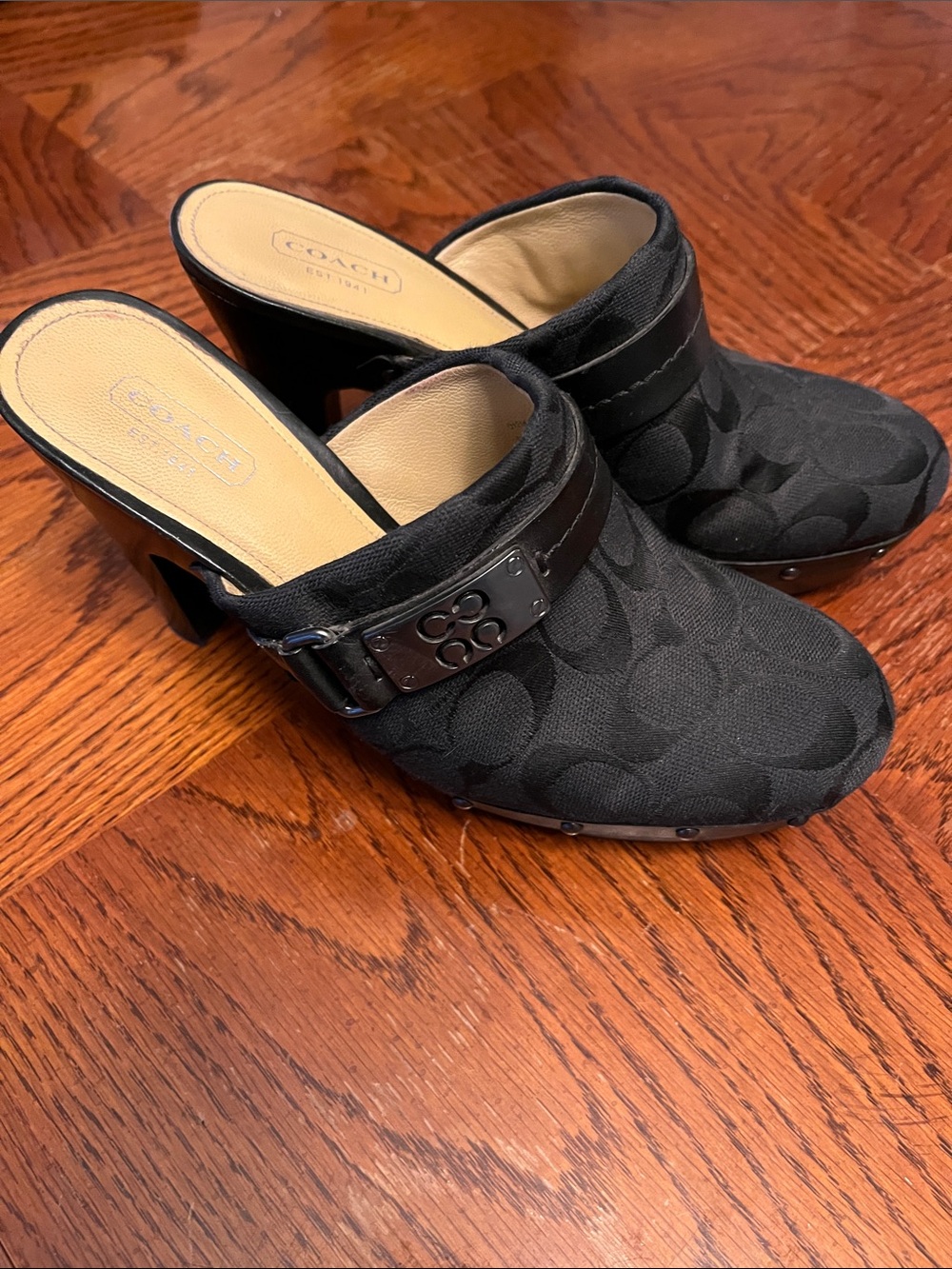 Coach Black Signature Fabric Clog Heels with Logo Buckle